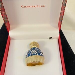 Charter Club Blue and Gold Winter Hat Brooch NIB